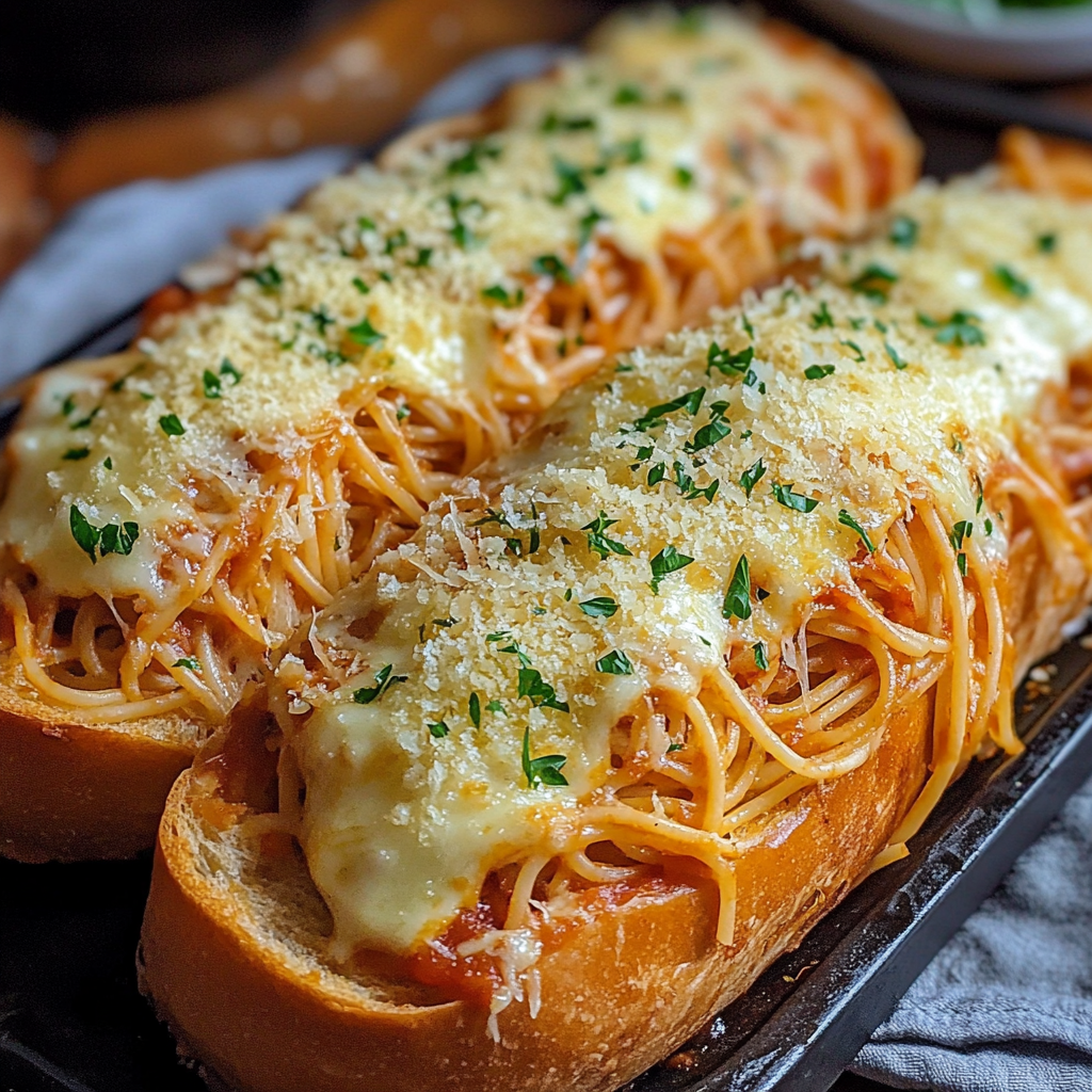 Two pieces of garlic bread with spaghetti and cheese.