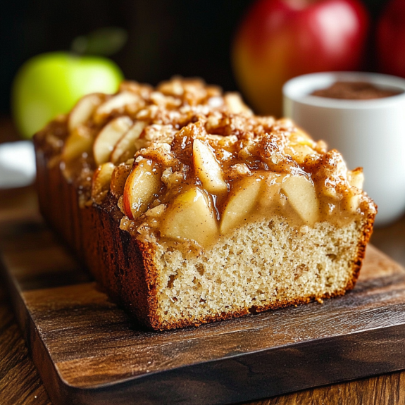 A slice of homestyle apple cinnamon loaf.