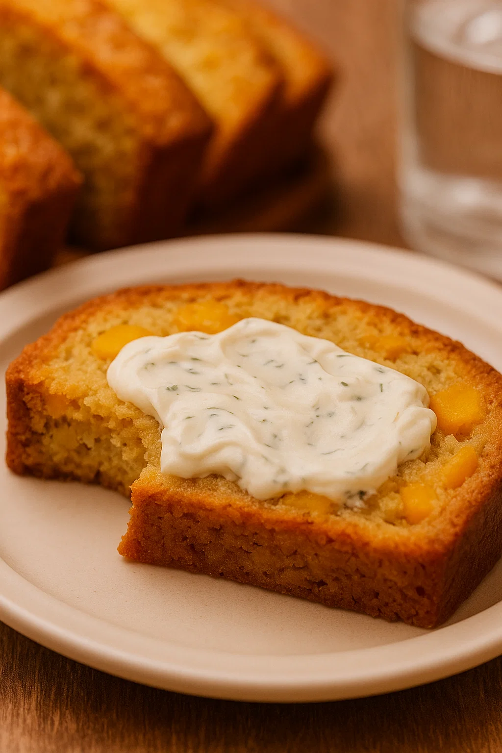 A slice of Southern Peach Bread with a dollop of butter on top.