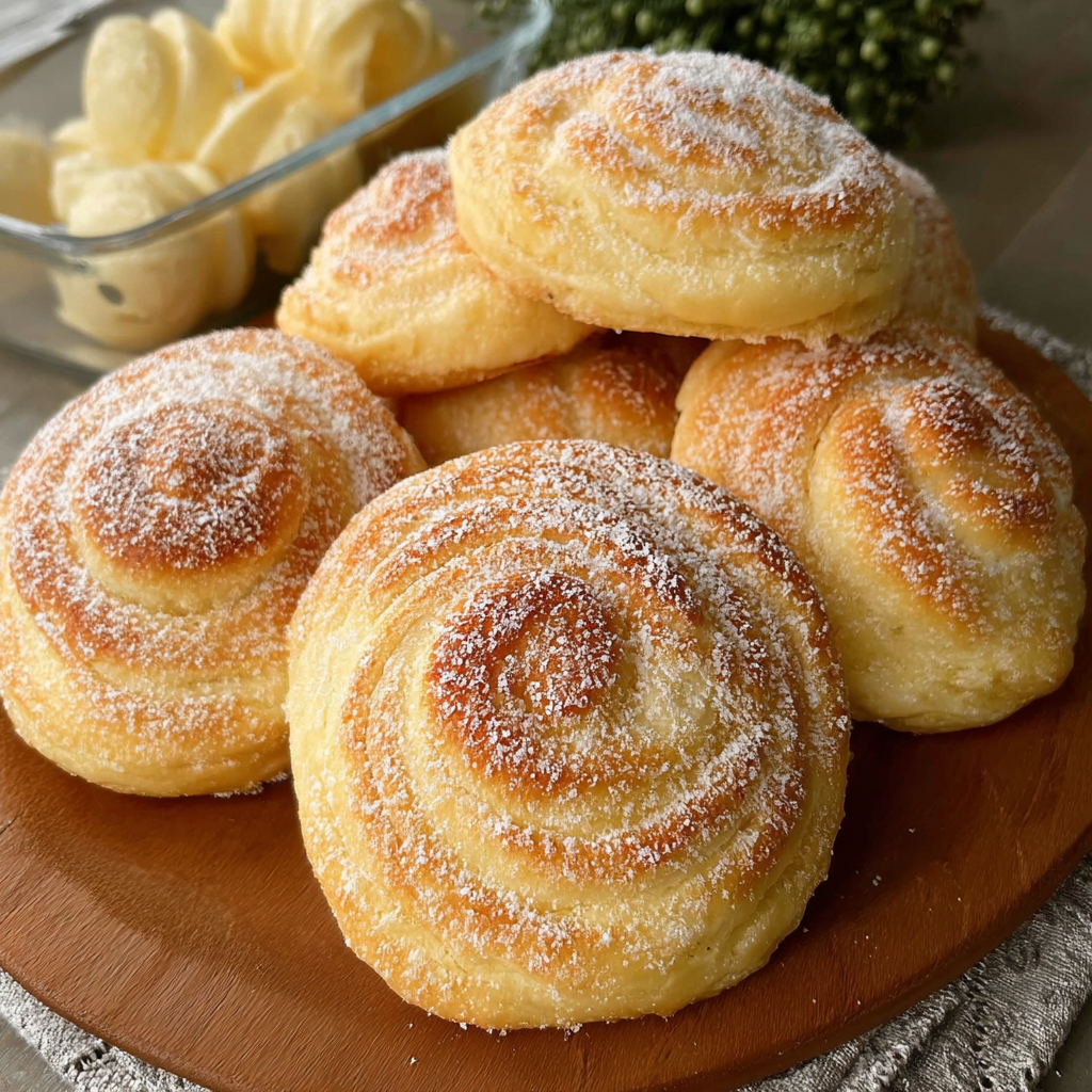 A plate of bread rolls with powdered sugar on top.