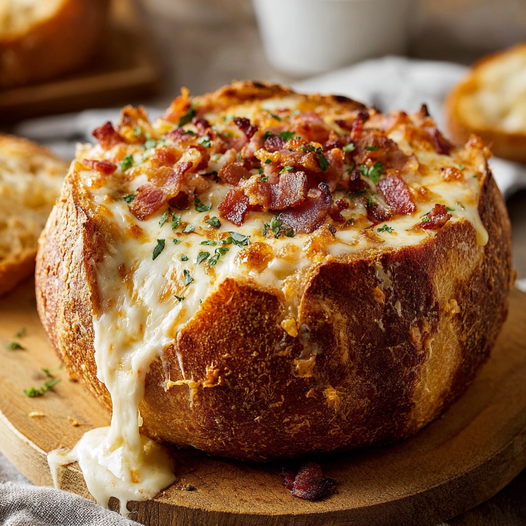 A delicious cheese and bacon cob mini loaf dip is ready to be served.