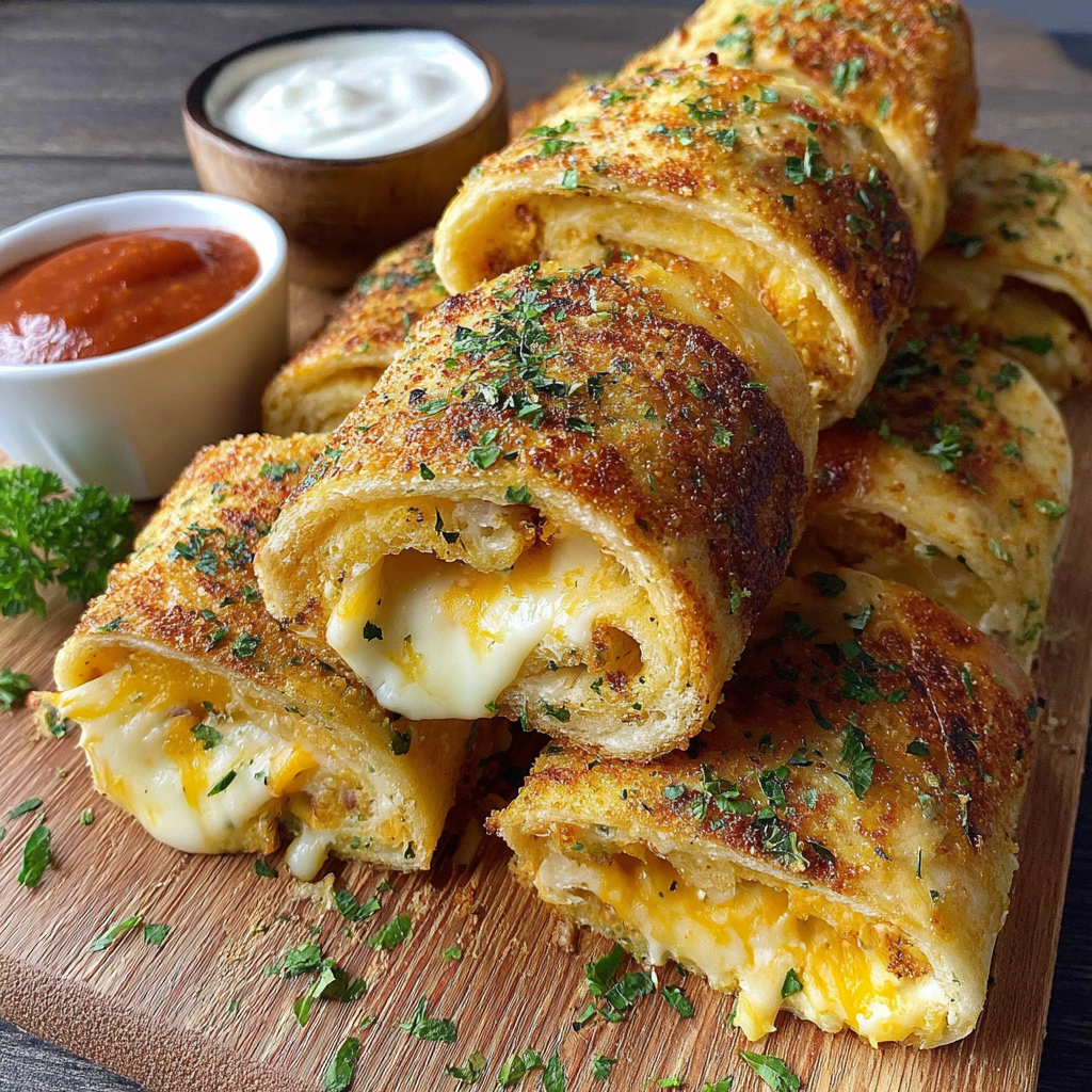 A delicious cheesy garlic butter rollup is served on a wooden platter.