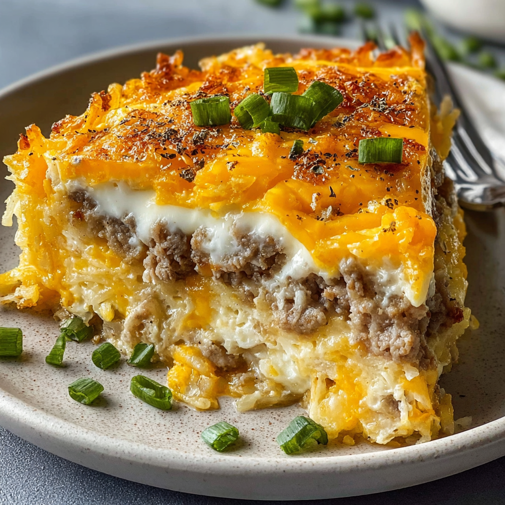 A delicious Sausage Egg Cream Cheese Casserole is served on a plate.