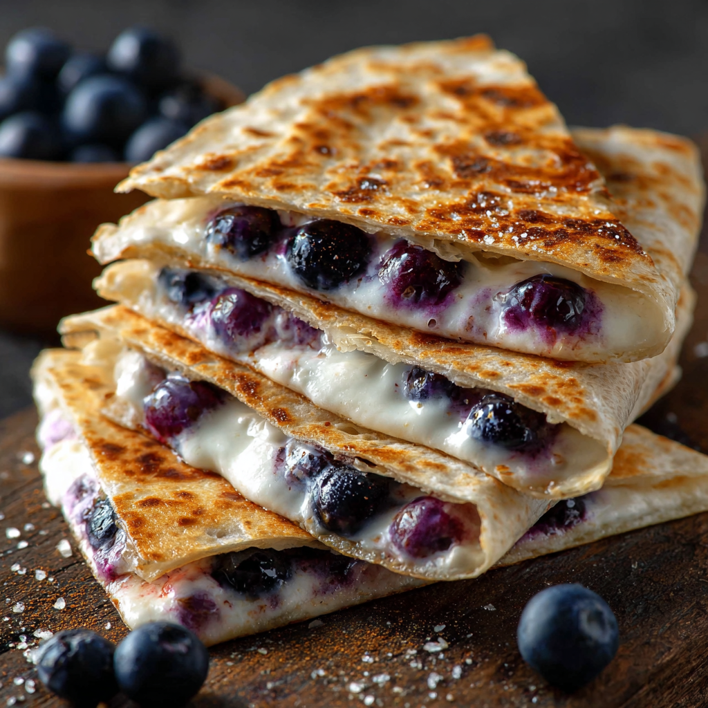 A stack of three quesadillas filled with blueberries and cheese.