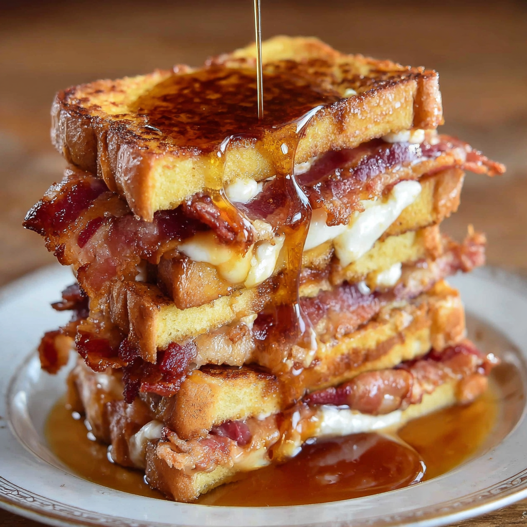 A stack of French toast with maple syrup drizzled on top.