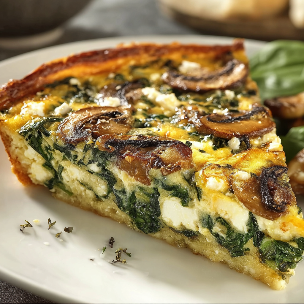 A slice of Easy Crustless Spinach Quiche on a white plate.