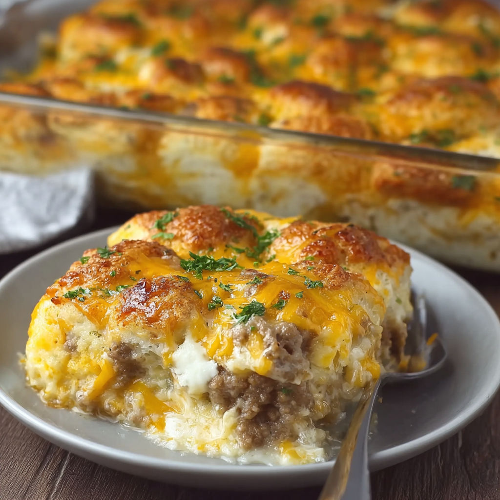 A delicious Cheesy Sausage Biscuit Breakfast Casserole is served on a plate.