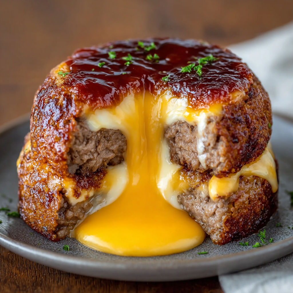 A delicious cheeseburger lava cake with melted cheese and a runny egg yolk.