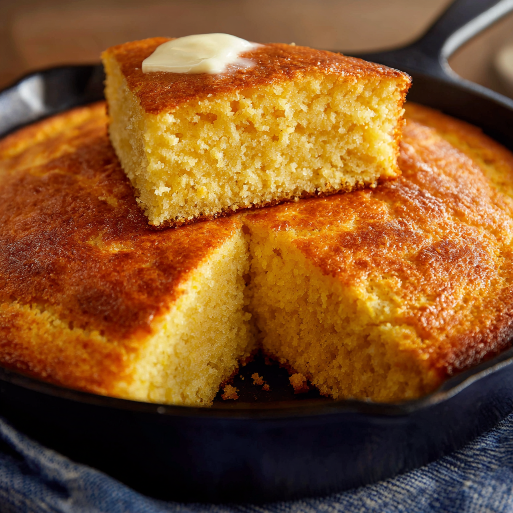 A delicious cornbread recipe, Grandmother's Buttermilk Cornbread, is presented in a frying pan.