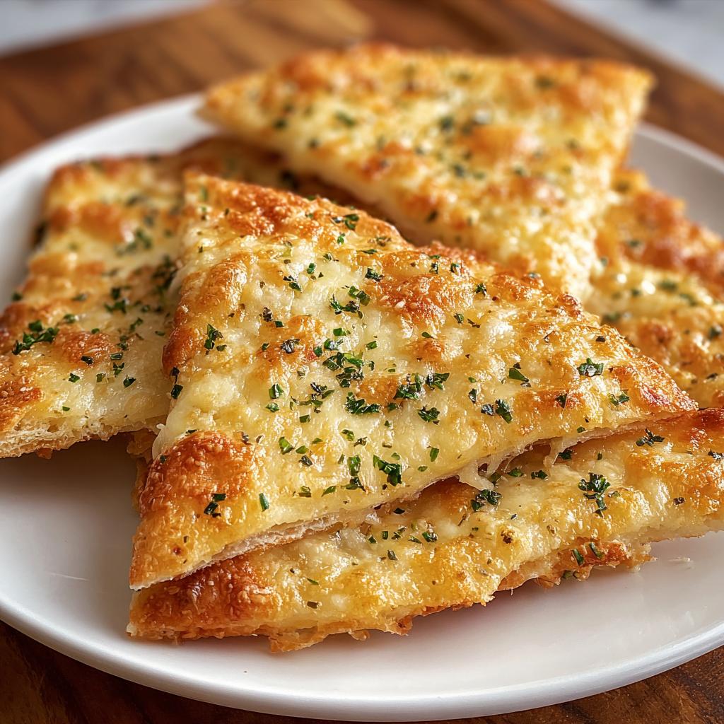 A plate of cheesy tortilla garlic bread slices.