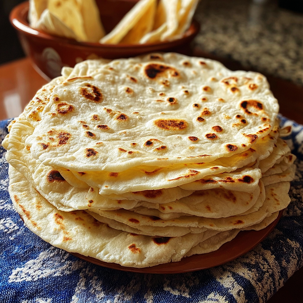 A stack of homemade flour tortillas on a plate.