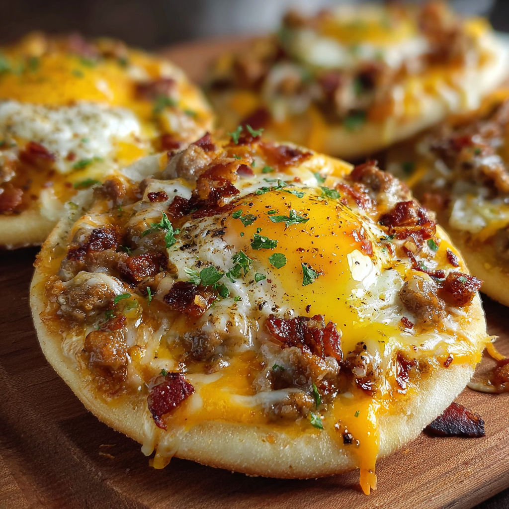 A close up of a delicious English Muffin Breakfast Pizza Recipe.