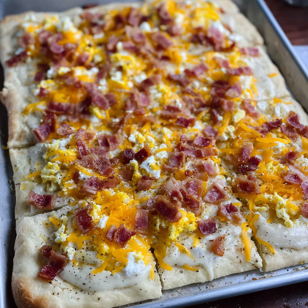A delicious breakfast pizza with cheese, ham, and eggs on a pan.