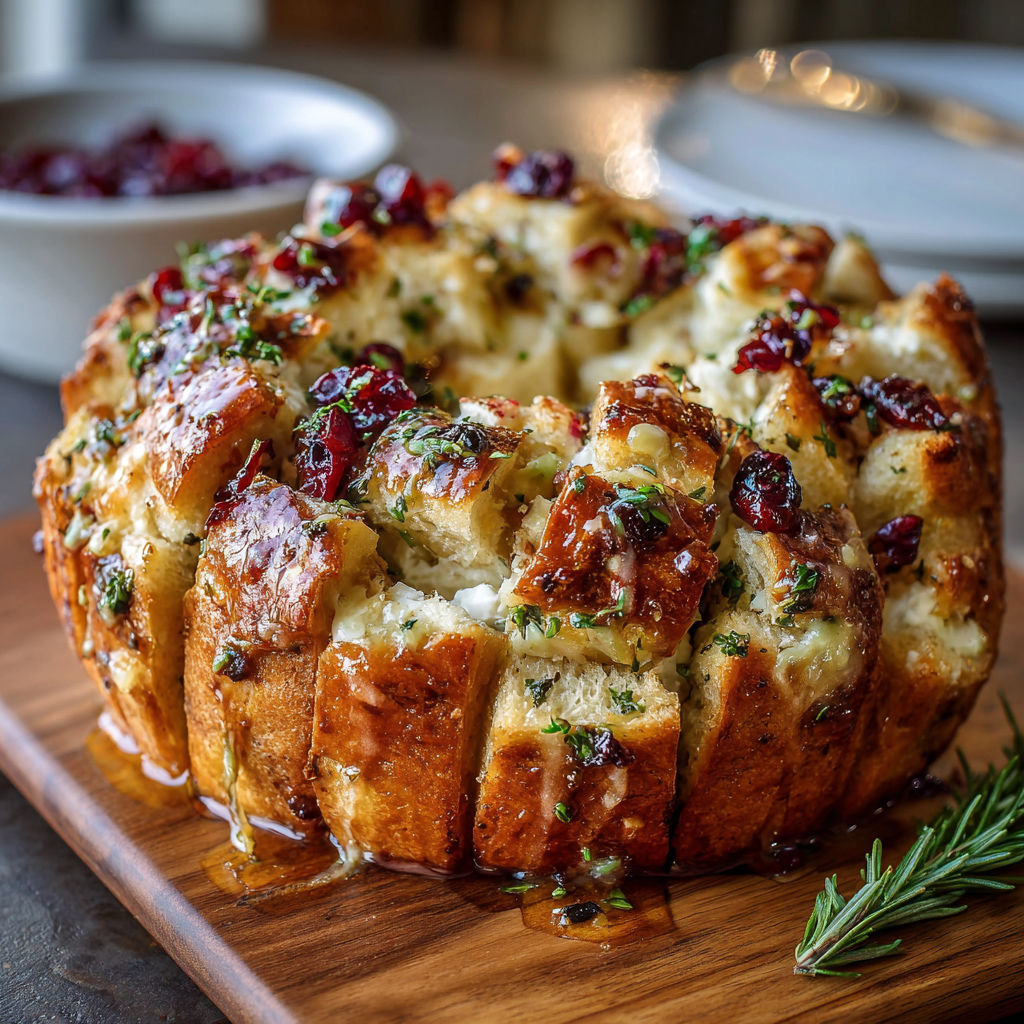 A delicious cranberry bread is displayed on a wooden cutting board, ready to be sliced and served.