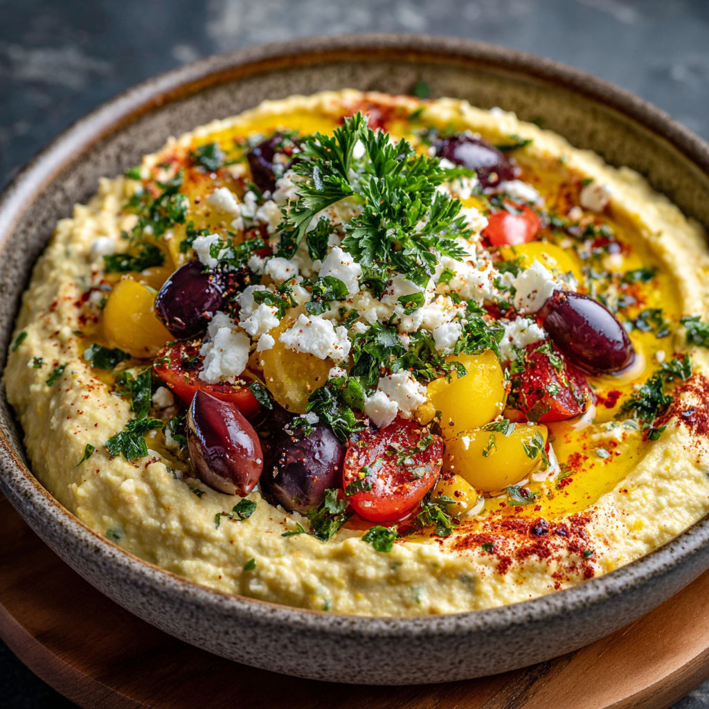 A delicious Greek style dip with a variety of vegetables, including tomatoes, olives, and cucumbers, is served in a bowl.