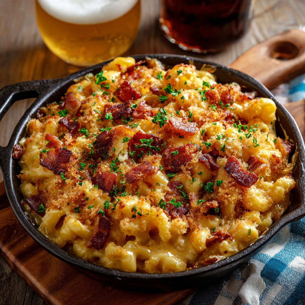 A delicious bacon and cheese macaroni dish is served in a cast iron skillet, accompanied by a glass of beer.