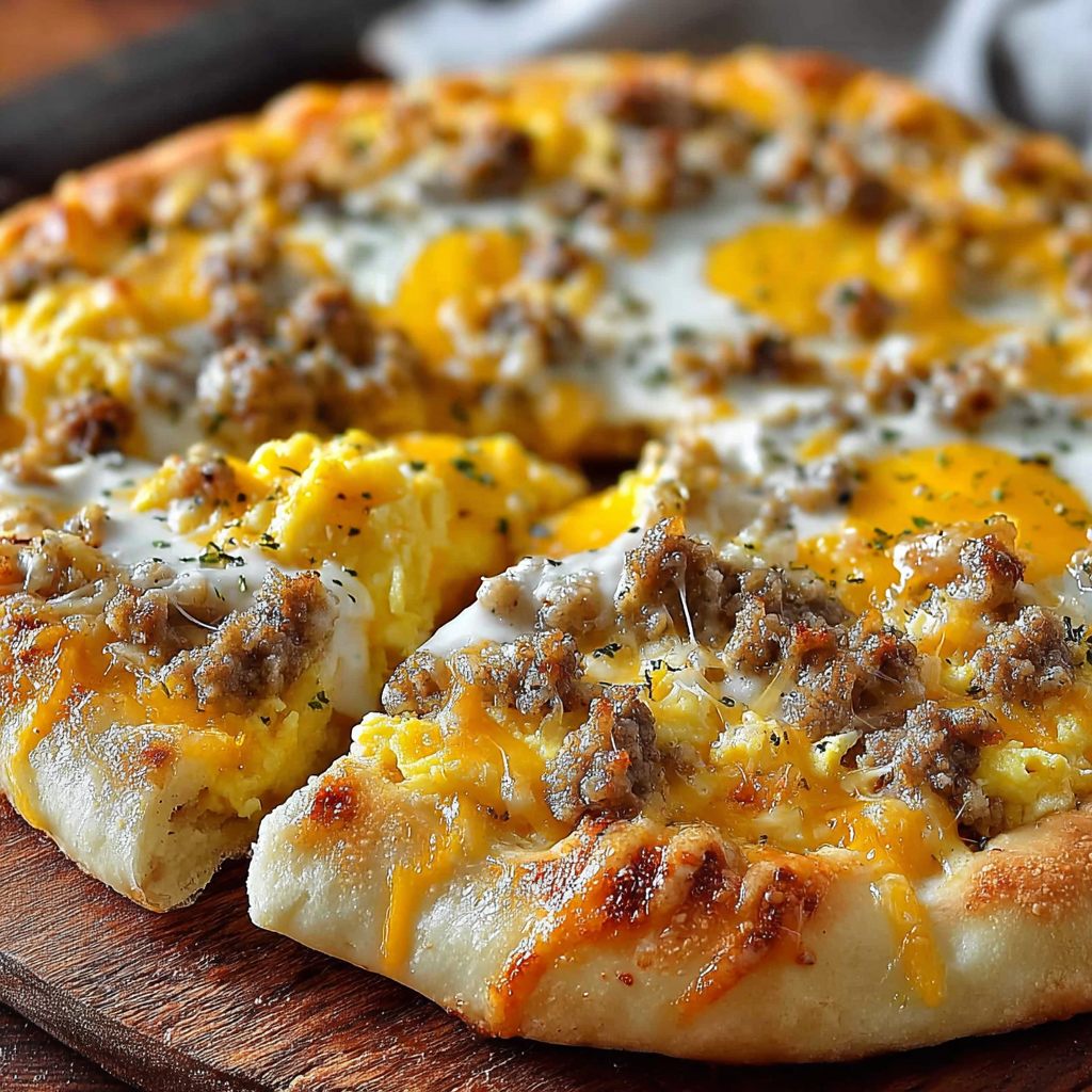 A slice of Sausage Gravy Breakfast Pizza with a golden crust and melted cheese.
