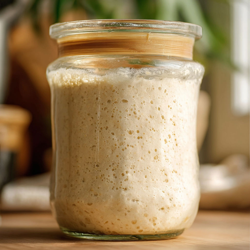 A jar of sourdough starter sits on a table, ready to be used in a recipe.