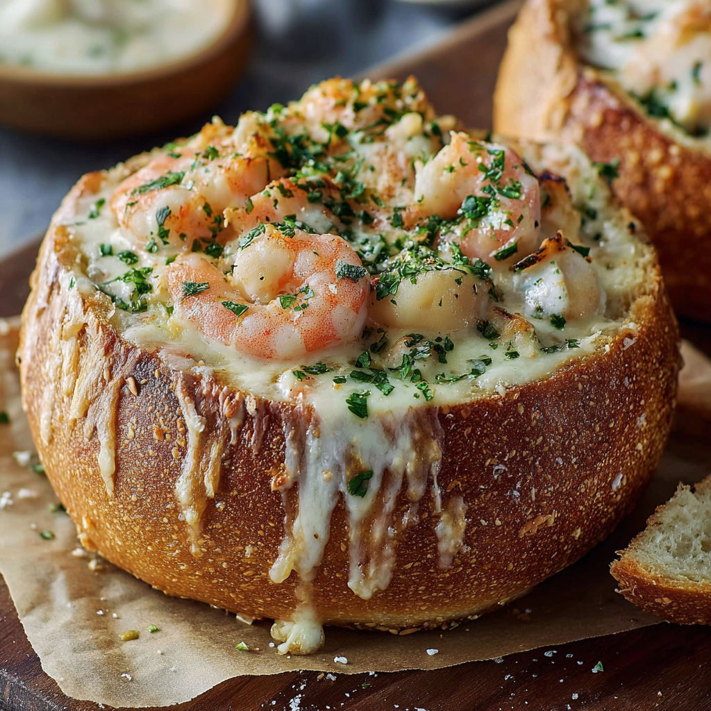 A delicious stuffed bread with shrimp and cheese.