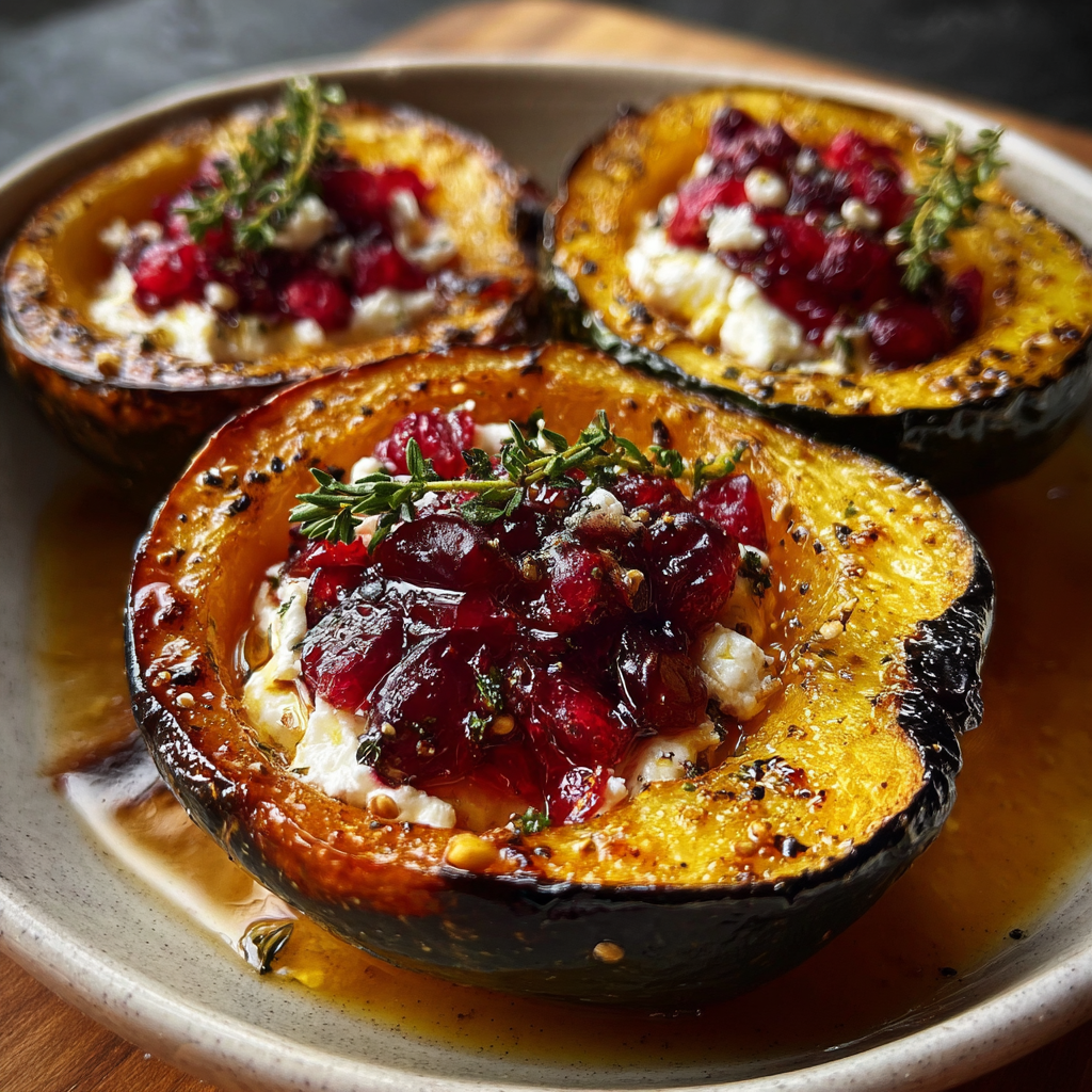 A plate of honey glazed acorn squash with creamy goat cheese and cranberry drizzle.