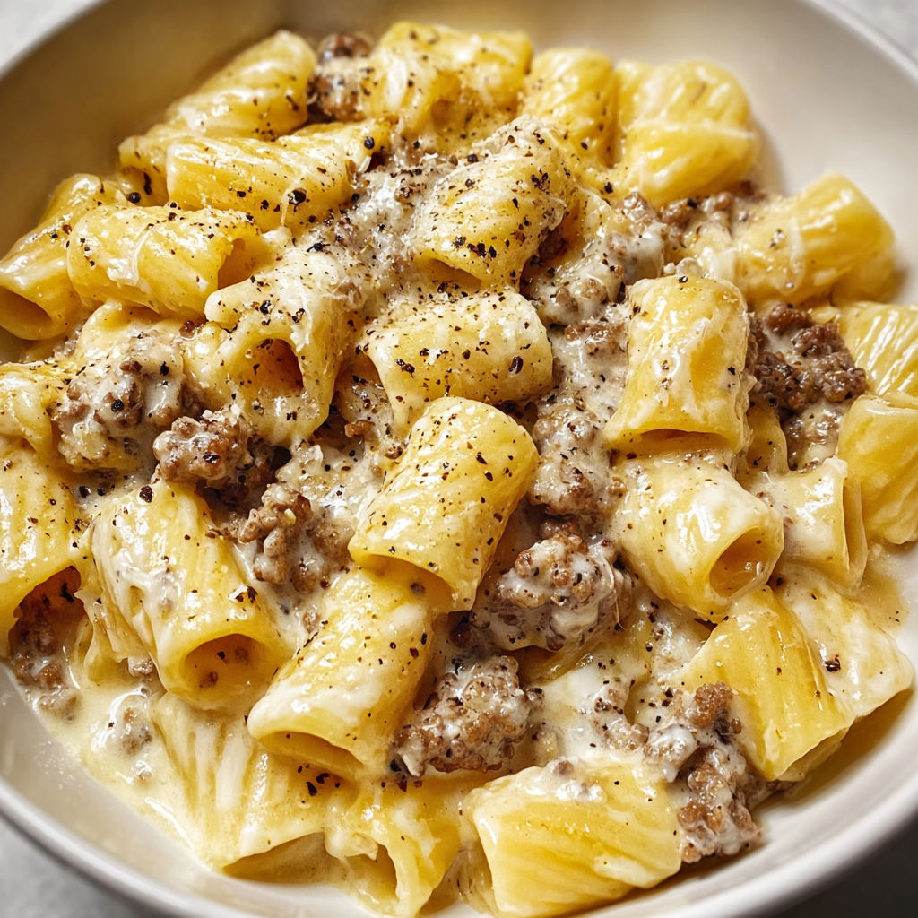 A bowl of pasta with meat and cheese, likely a beef and cheddar ranch pasta dish.