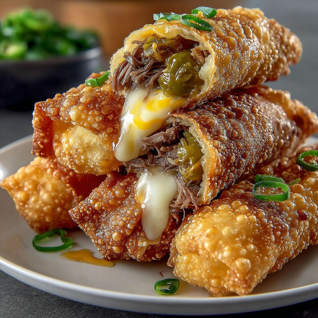 A plate of Texas Twinkies Egg Rolls with Honey, filled with meat and cheese, are stacked on top of each other.