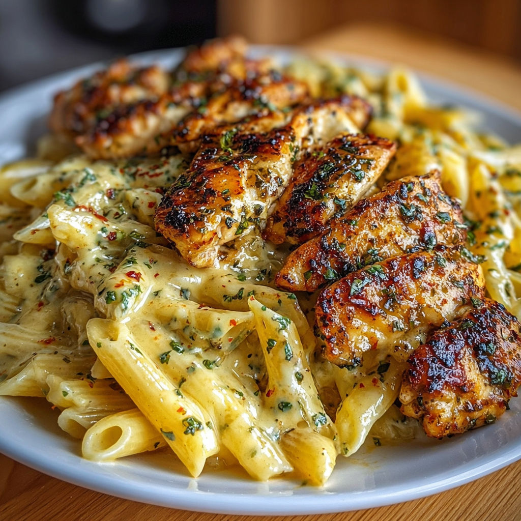 A plate of delicious Creamy Garlic Herb Chicken with Cheesy Penne Pasta.