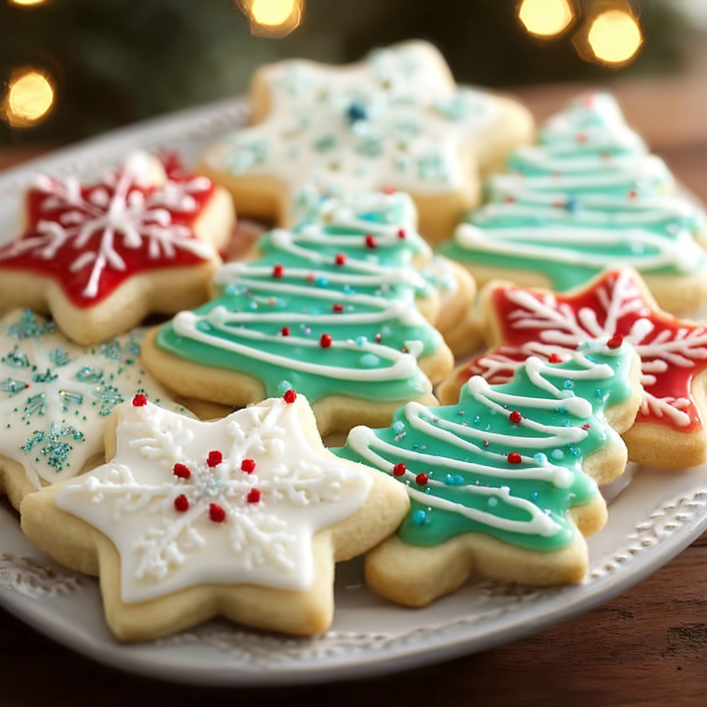 A plate full of Christmas cookies with stars and trees on them.