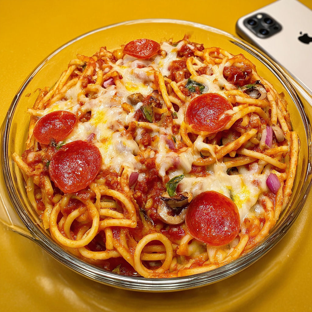 A bowl of spaghetti with pepperoni and cheese, ready to be eaten.